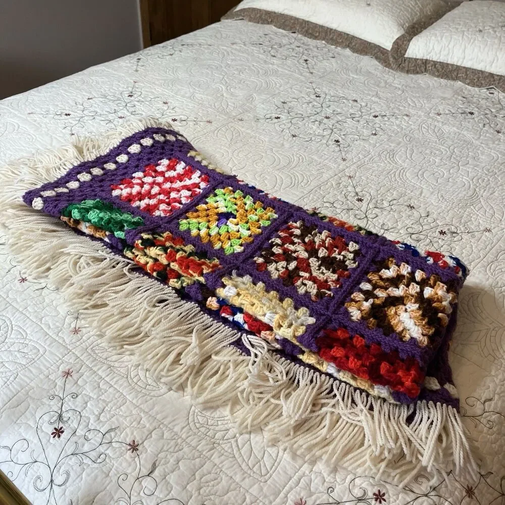 Vtg Granny Square Handmade Crochet Afghan Blanket Multicolor 51x60 Fringe